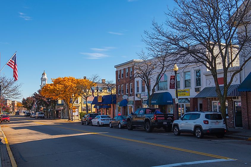 Historic commercial buildings on Main Street in historic town center of Milford, Massachusetts.