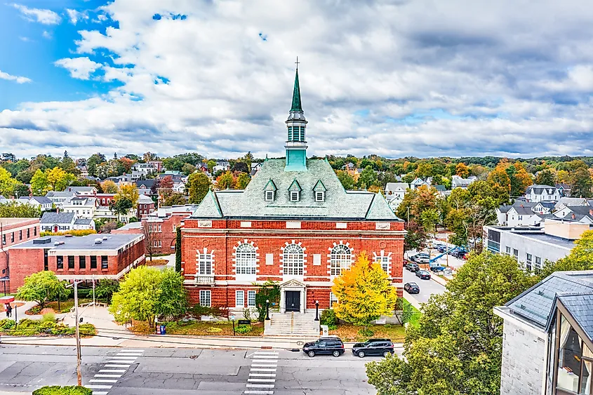 Aerial view of Concord City Hall and Auditorium, in Concord, New Hampshire.