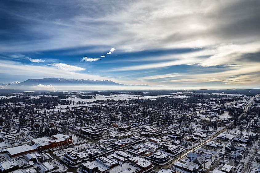 Aerial view of Whitefish, Montana on a cloudy winter day with the Rockies n the background.