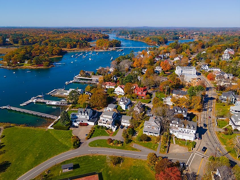 Aerial view of the York River at Stage Neck, where the river meets York Harbor in the town of York, Maine.