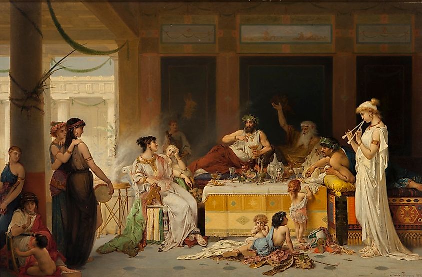 Lavish banquets thrown by the wealthy in ancient Rome.