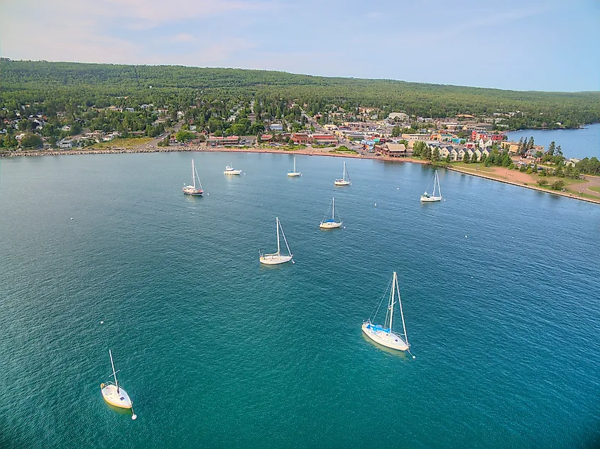 Boats on Lake Superior in Grand Marais, Minnesota.