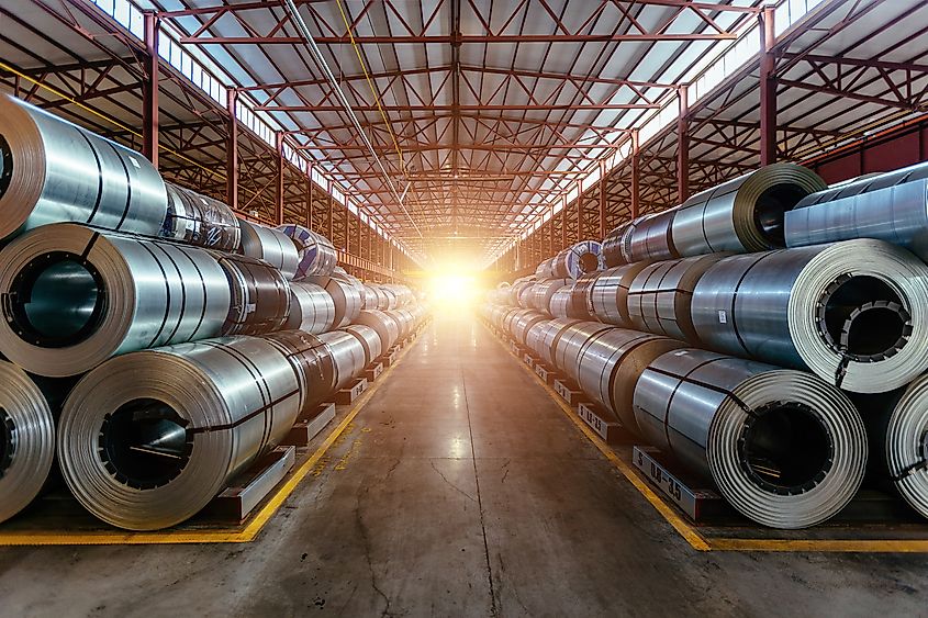 Rolls of galvanized steel sheet inside the factory