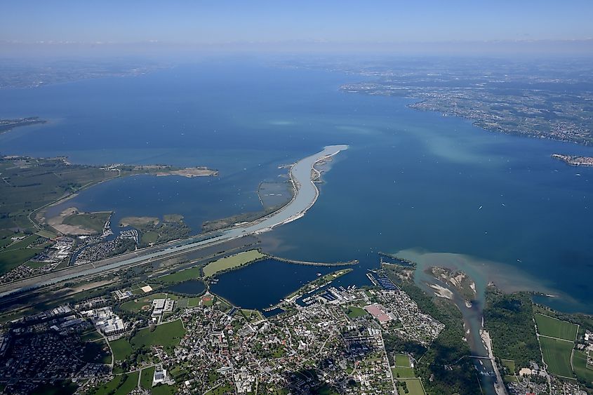 The mouth of the Alpine Rhine into Lake Constance.
