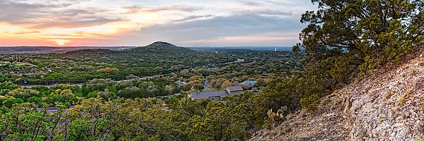 Sunset Panorama of Wimberley and Blanco River Valley from the top of Mt Baldy