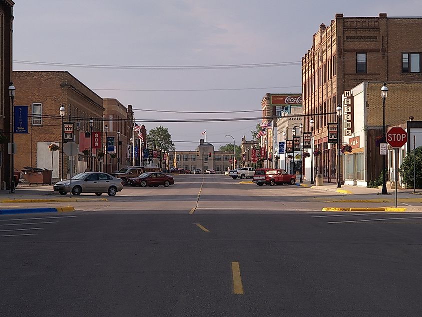 Downtown street in Devils Lake, North Dakota.