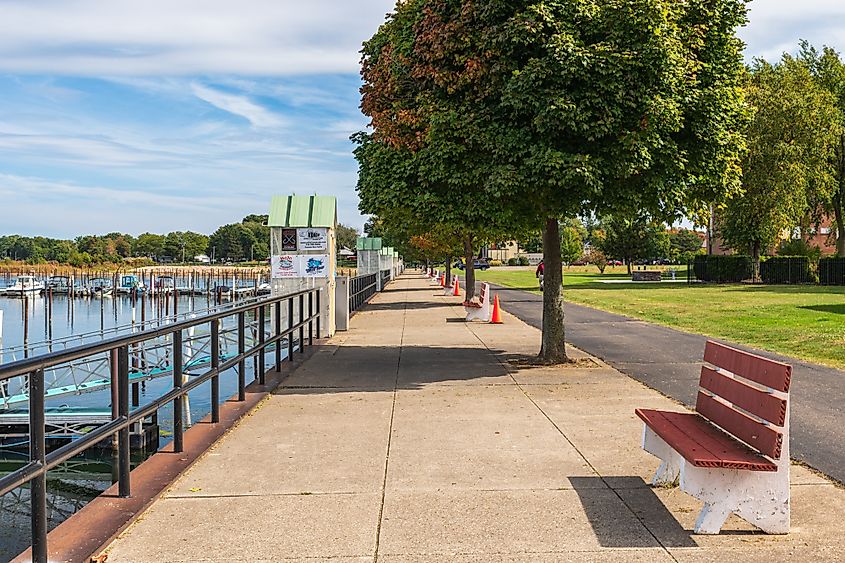 The walkway next to the marina at the Dunkirk City Pier in Dunkirk, New York.