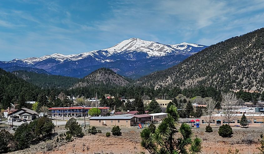 A panoramic view captures the snow-capped peak of Sierra Blanca, as seen from Ruidoso, New Mexico, in Lincoln County. 