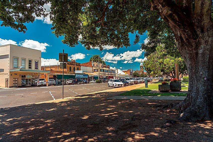 Shops lined along a street in Warwick, Queensland.