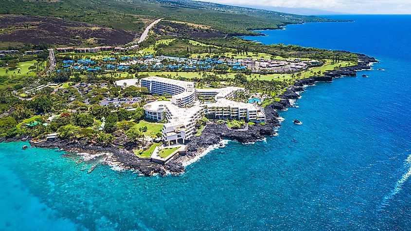 Blue oceann of Hawaii in Kailua Kona aerial view