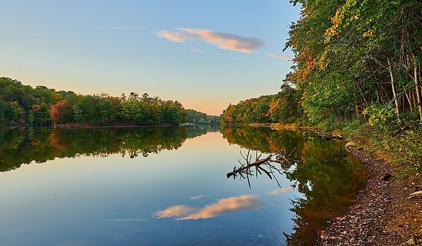 Calm autumn evening in the park on Lake Needwood.