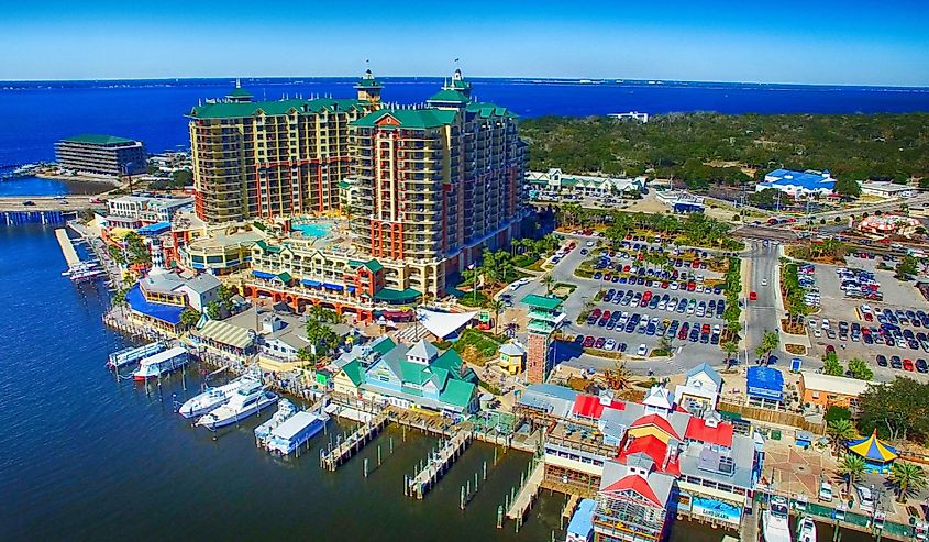 Aerial view of Destin, Florida with buildings and ocean view