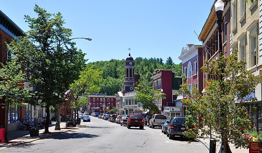 Main Street in village of Saranac Lake in Adirondack Mountains, New York.