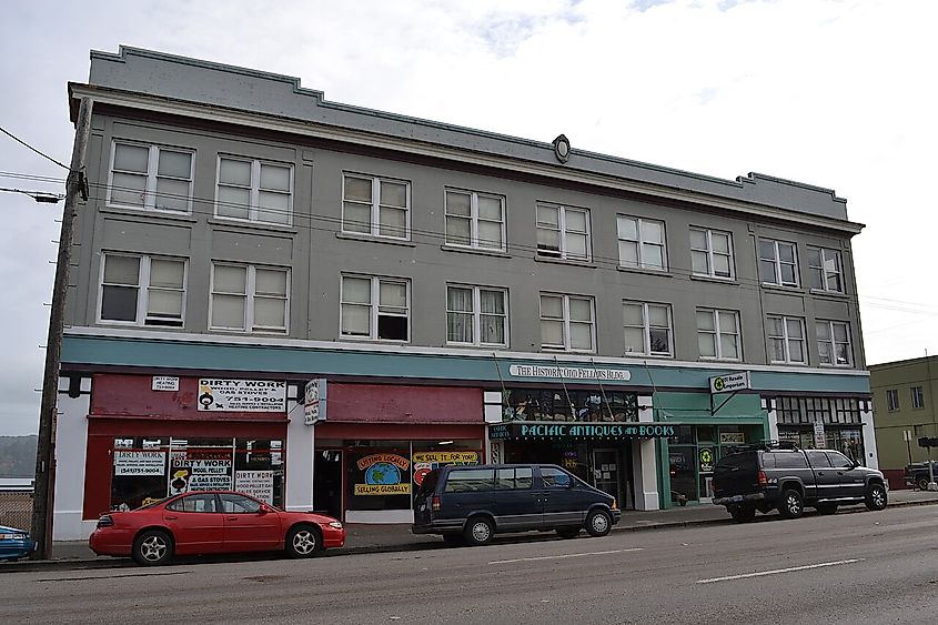 I.O.O.F. Building with shops in North Bend, Oregon.