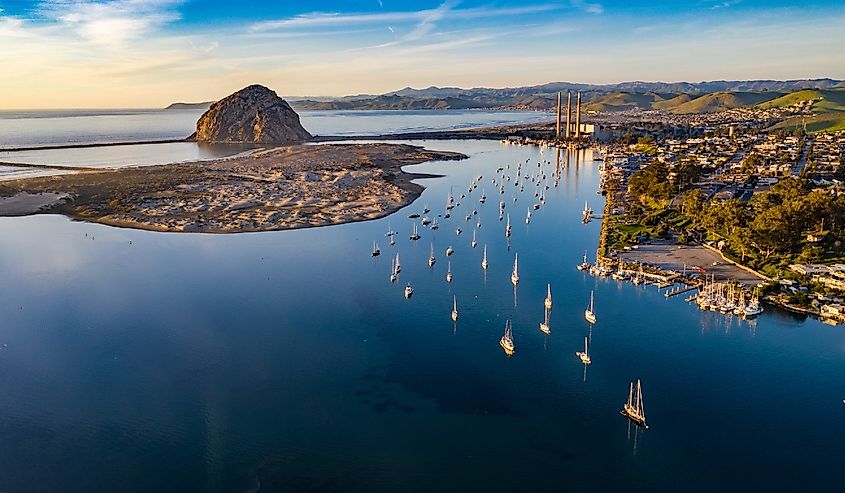 Aerial view of Morro Bay with sailboats in the water