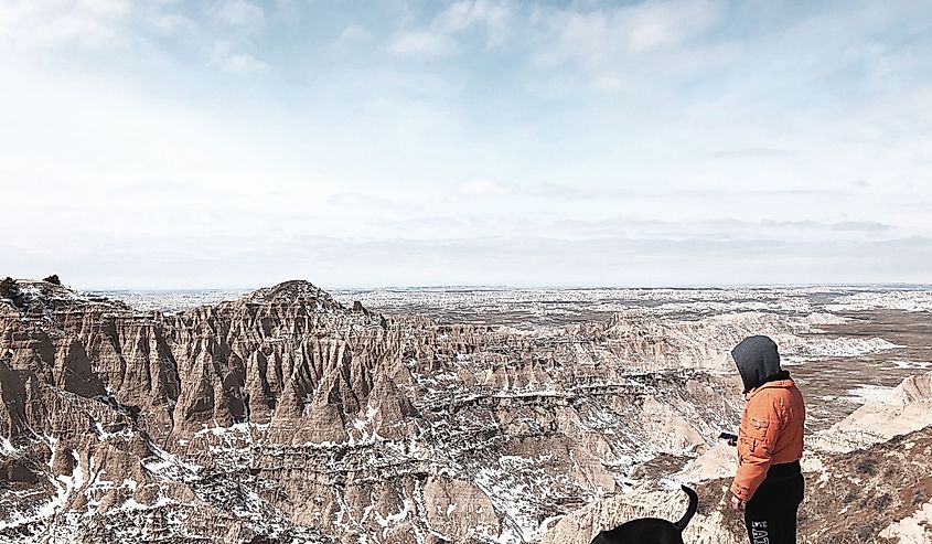 Tourist with dog on Sheep Mountain Table - South Dakota