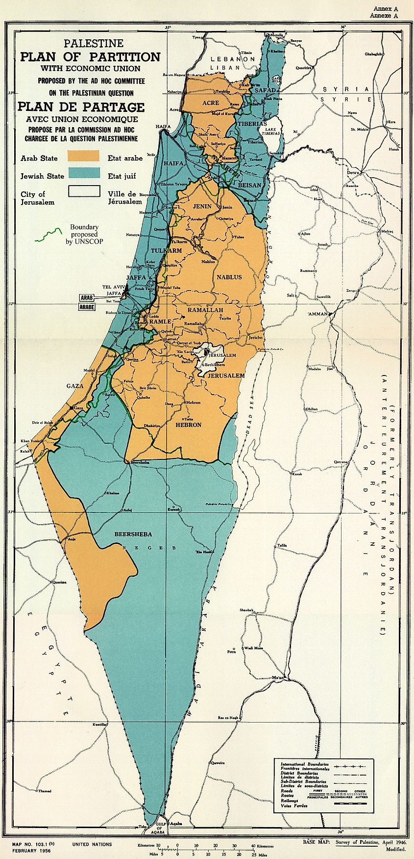 February 1956 Map of UN Partition Plan for Palestine, adopted 29 Nov 1947, with boundary of previous UNSCOP partition plan added in green. Source: Wikimedia Commons/Public Domain.