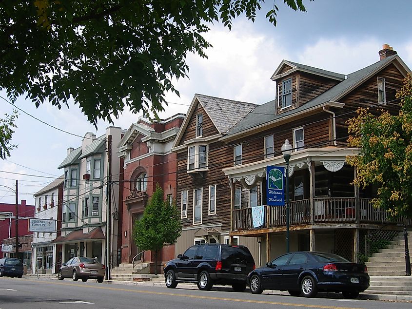 Main Street in Hancock, Maryland, featuring local shops and historic buildings typical of a small town.