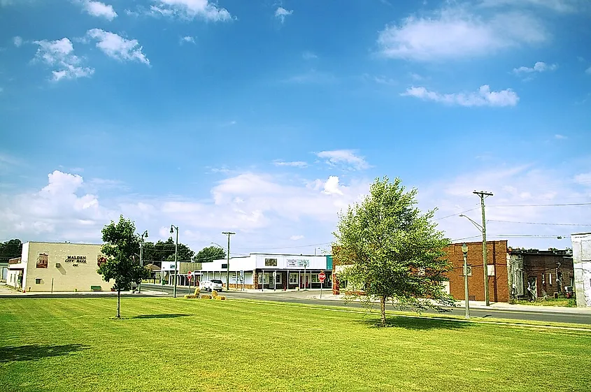 Buildings at the corner of Laclede and Madison viewed from across Cotton Belt Park in Malden, Missouri