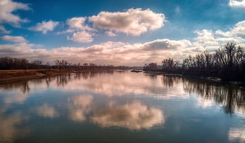 Fluffy white could reject on the Missouri River on a cold clear winter day.