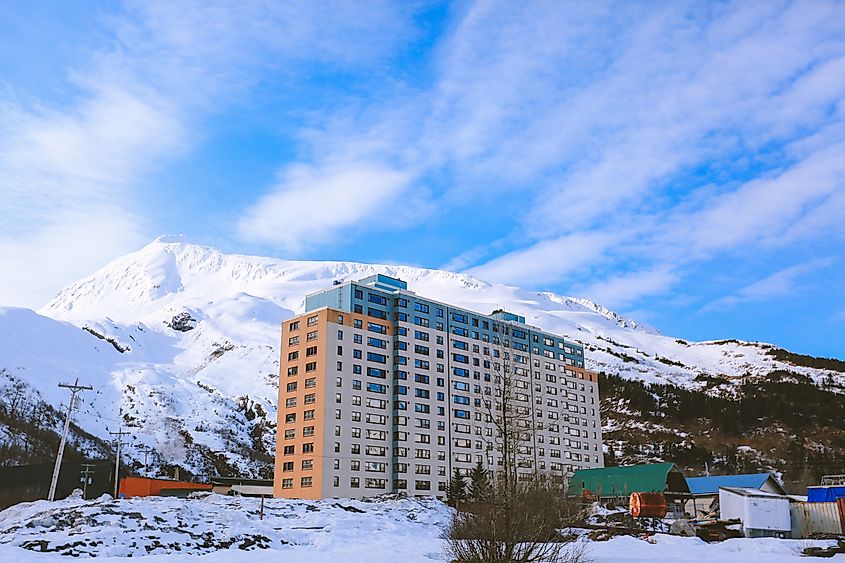 Begich Towers, Whittier, Alaska, in winter