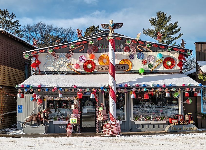  Store front decorated for Christmas holiday in winter in Nisswa, Minnesota.