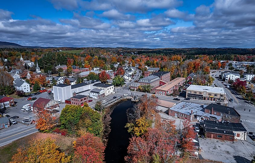 Aerial view of Jaffrey, New Hampshire during peak fall foliage