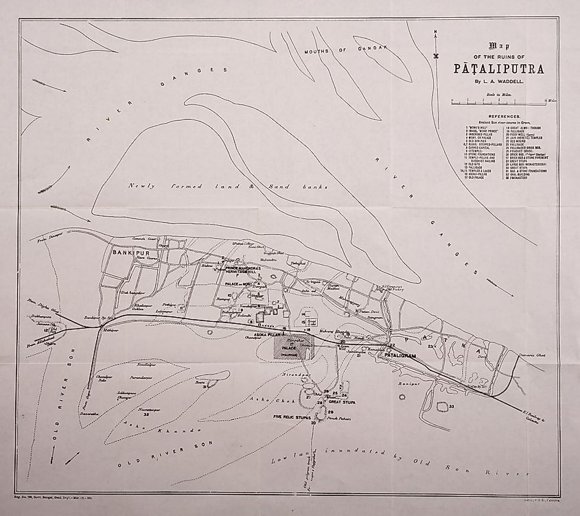 Map of the ruins of Pataliputra from 1903, showing how the rivers changed course over millennia, as well as the city's immense size.