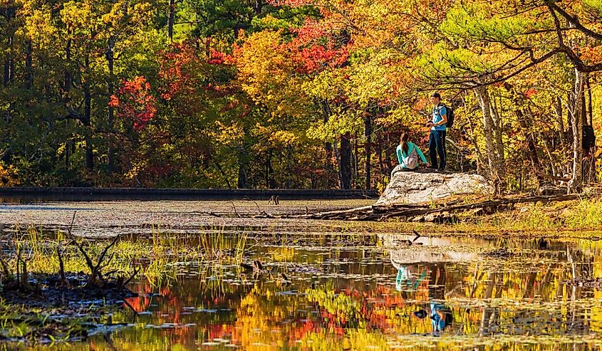 People seeing the nature autumn fall color of Robbers Cave State Park.