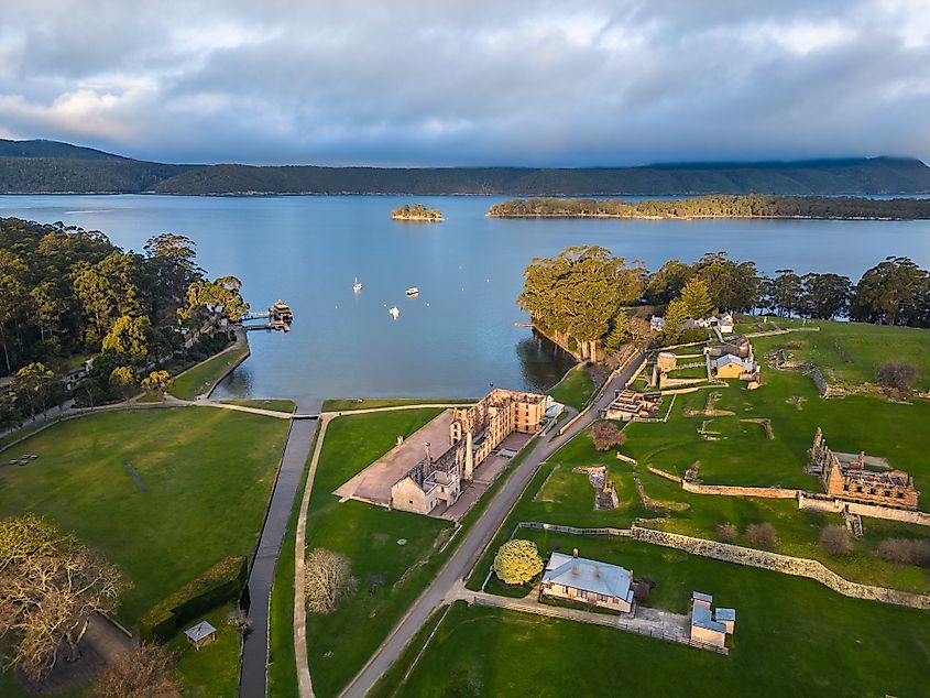 Port Arthur, Tasmania: Aerial view of the Port Arthur historic site and penal settlement.