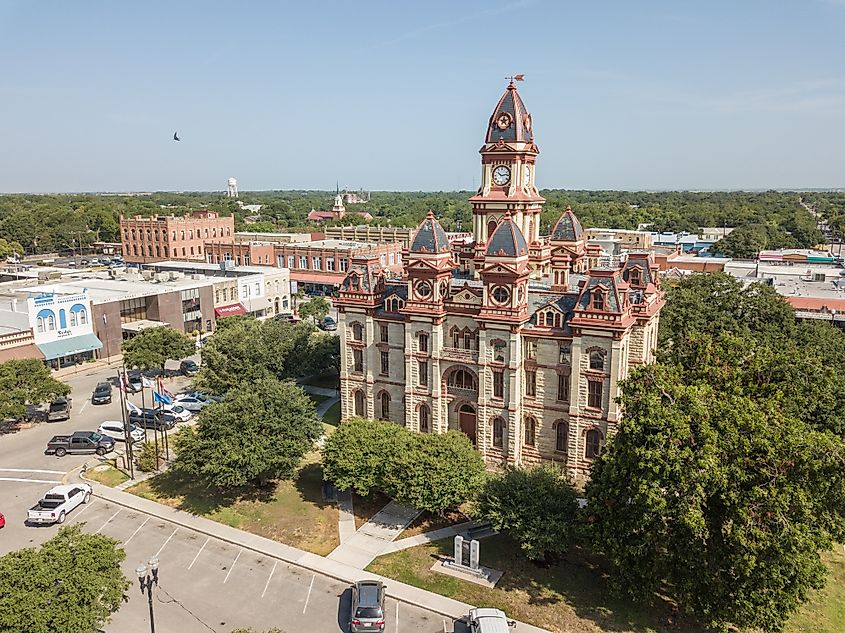 An aerial view of the Lockhart Courthouse in Lockhart, Texas