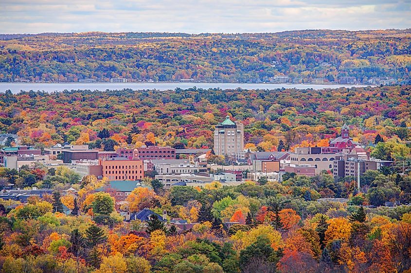 Aerial view of Downtown Traverse City, Michigan.