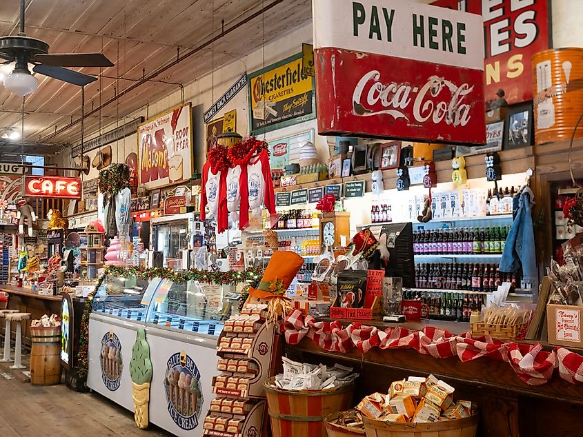 Vintage signs, fully stocked shelves, an ice cream cooler, and soda fountain in the historic Jefferson General Store in Jefferson