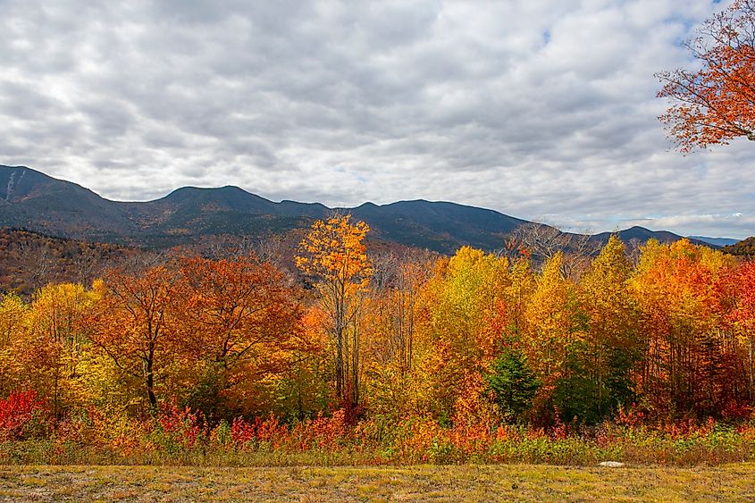 Hancock Notch Overlook on Kancamagus Highway in White Mountain National Forest in fall, Town of Lincoln, New Hampshire NH, USA.