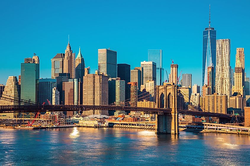 The Manhattan skyline of New York City at dusk.