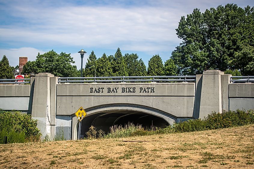 The starting point of the East Bay Bike Path in India Point Park in Providence, Rhode Island.