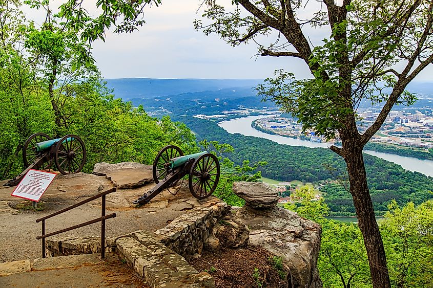 Cannon overlooking Chattanooga at Lookout Mountain Battlefield in Point Park, a Civil War cannon monument near Chattanooga, Tennessee