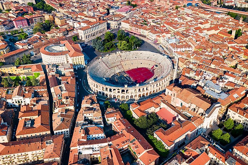 Verona Arena aerial panoramic view. Arena is a Roman amphitheatre in Piazza Bra square in Verona, Italy.