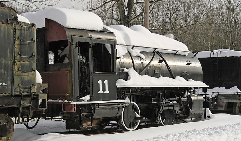 A steam engine taken at a railroad museum in French Lick, Indiana after a two foot snow fall.