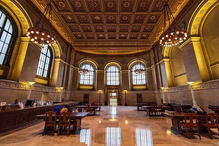 Interior of the St. Louis Public Library Central Library in Missouri, showing grand architecture and detailed interior design