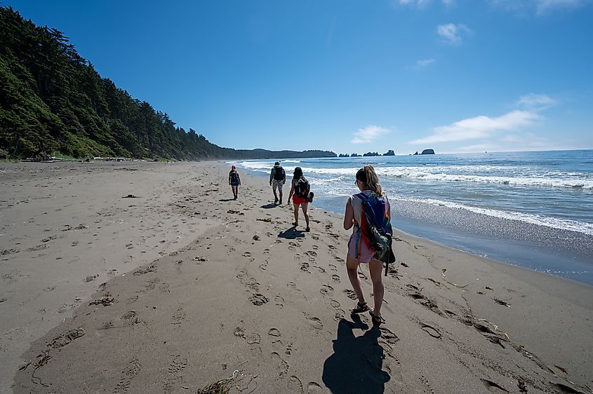 Hikers on Shi Shi Beach Trail in Olympic National Park near Neah Bay, Washington.