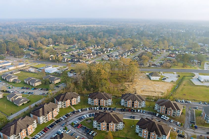 Aerial top view of Denham Springs, Louisiana