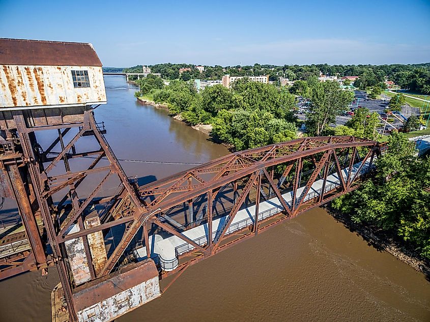 Historic railroad Katy Bridge over Missouri River at Boonville with a new viewing deck - aerial view