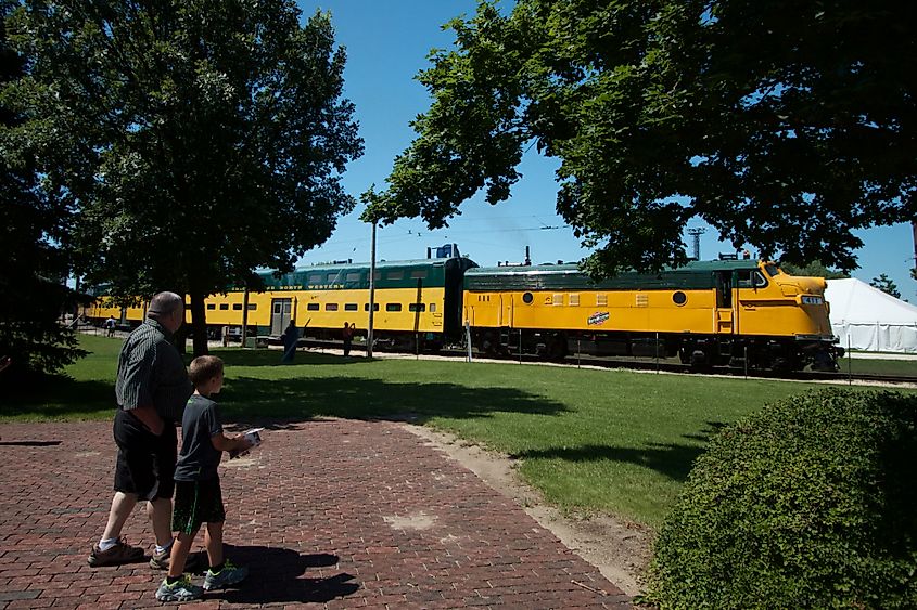 Visitors at an exhibit at the Illinois Railway Museum in Union, Illinois.