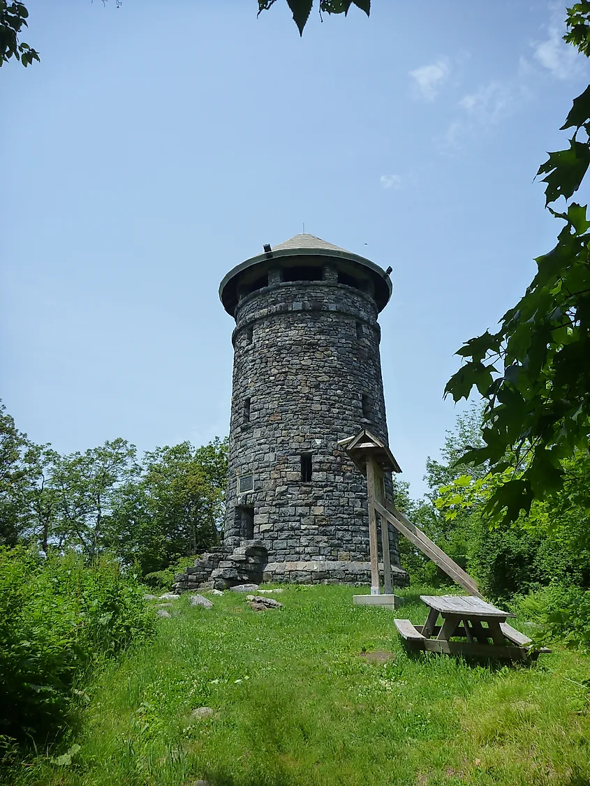 Haystack Mountain Tower stands atop a wooded hill, accessible from 43 North St. in Norfolk, Connecticut.