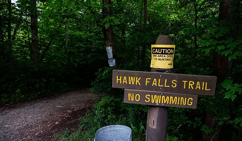 The Hawk Falls trail head in Hickory Run State Park in White Haven, PA 