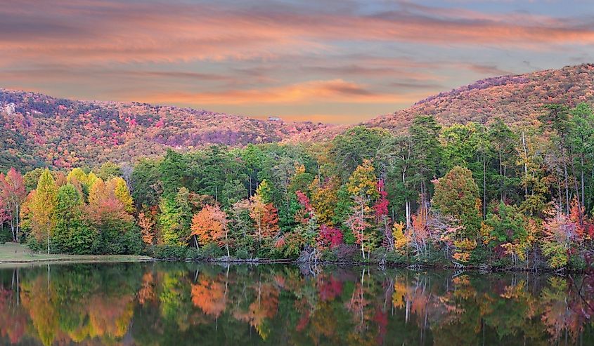 Panorama of the Beautiful Fall Foliage Reflected in the Lake at Cheaha State Park, Alabama