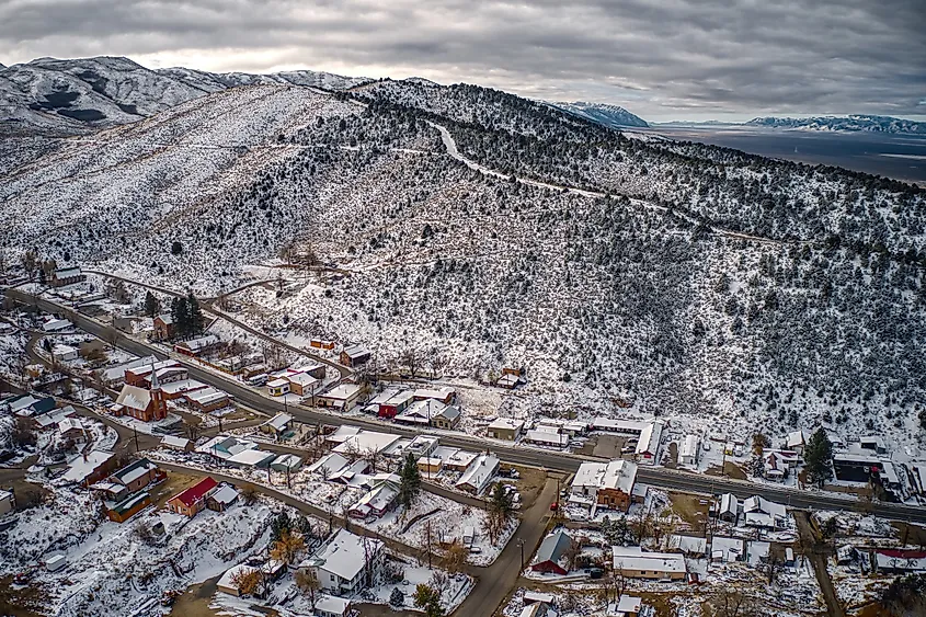 Aerial View of the tiny town of Austin, Nevada on Highway 50.