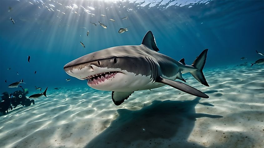 Frontal view of a great white shark in the water.