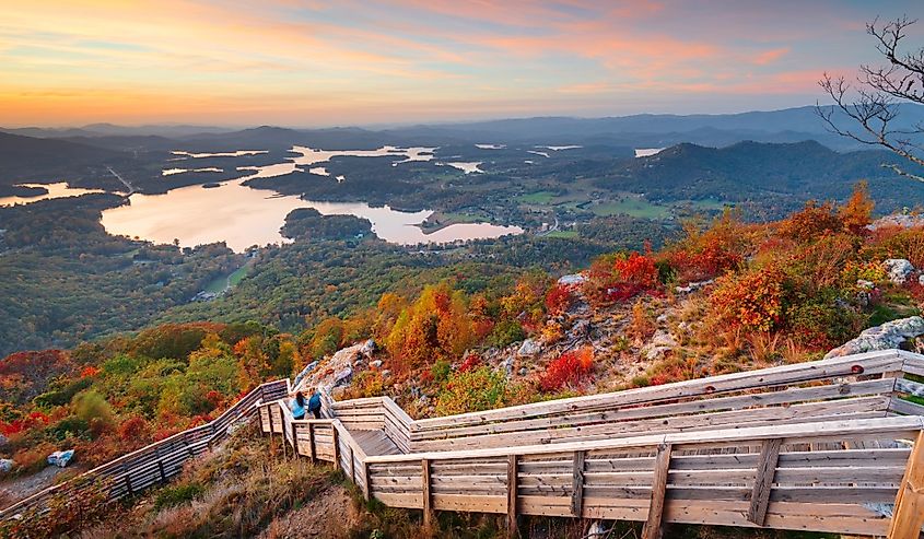 Hiawassee, Georgia, USA landscape with Chatuge Lake in autumn at dusk.